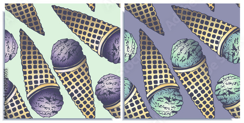 Vector set of seamless patterns with wonderful colorful ice cream, flavor of Blue Curacao and strawberry, hand-drawn in graphic and real-style at the same time. Delicate color: blue, pink. Retro style