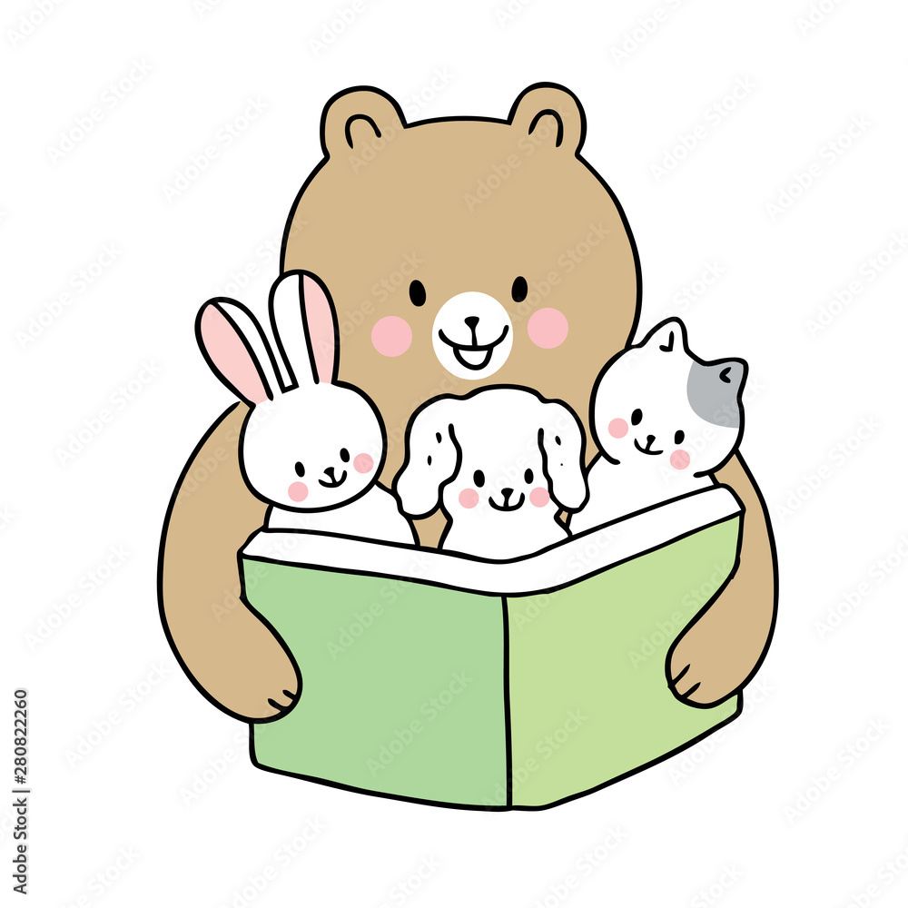 Cartoon cute back to school bear reading book and baby animals vector.  Stock Vector | Adobe Stock