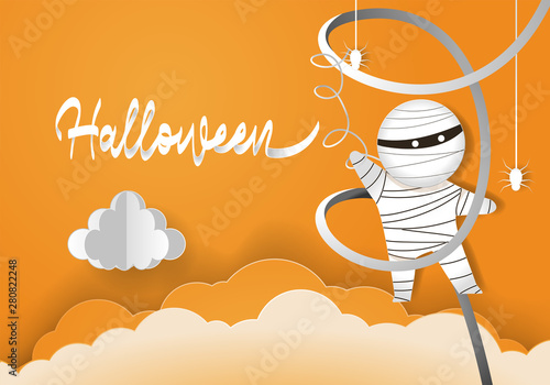 Paper art of mummy hang on white fabric, Happy Halloween celebration concept, Flat and digital craft style vector illustration.