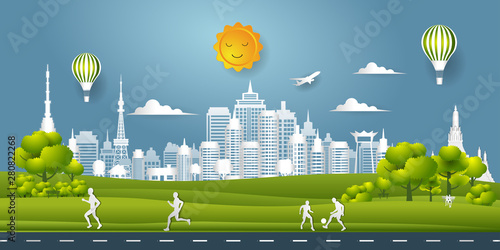 Paper art of Panorama landscape and city on summer, people jocking, sporting and enjoying in green park, Flat and digital craft style vector illustration.