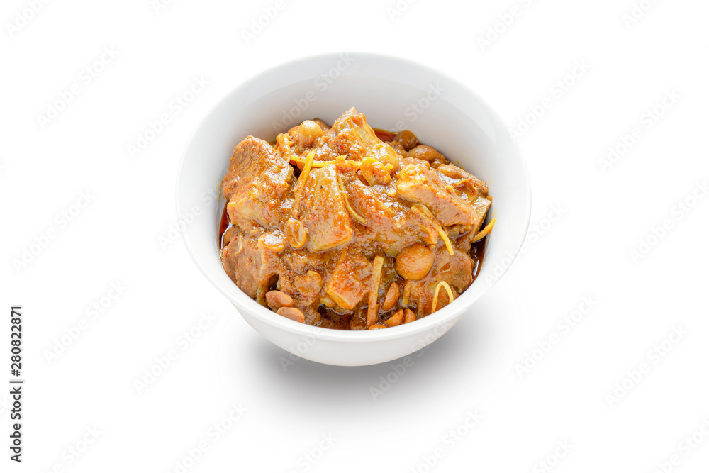 Red curry or Pork curry on white background, thai food, india food, Thai Food name Hung Ley.