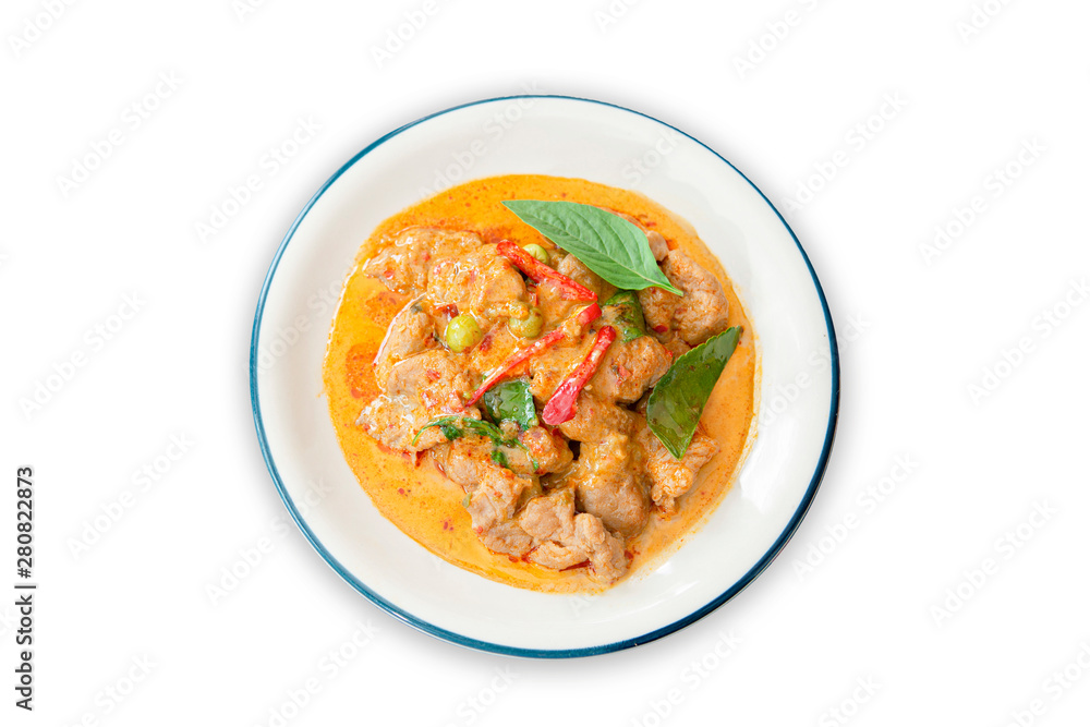 Spicy Beef curry with white meat on white background.