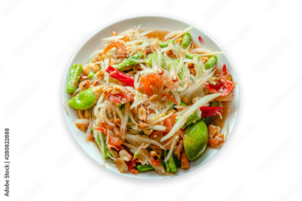 green papaya salad in white plate on white background. green papaya salad in white plate on white background.