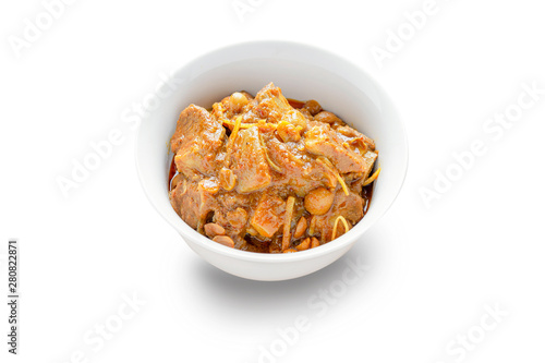 Red curry or Pork curry on white background, thai food, india food, Thai Food name Hung Ley.