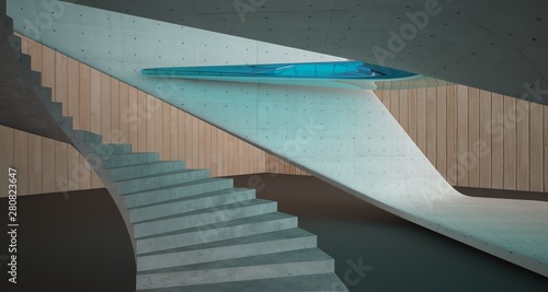 Abstract architectural wood and glass smooth interior of a minimalist house. 3D illustration and rendering.