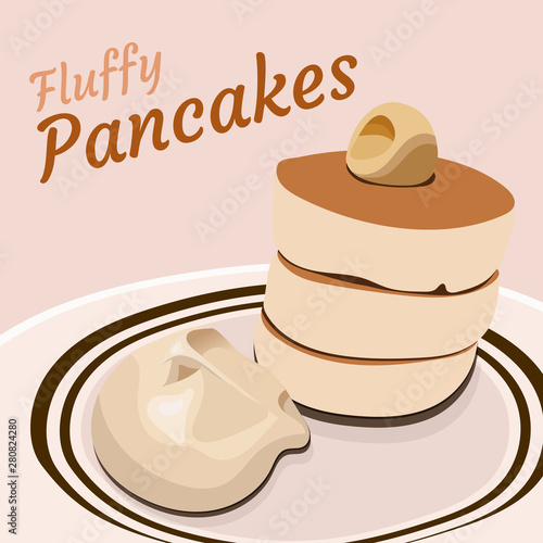 Fluffy pancakes with whip cream on the plate is a beautiful vector file