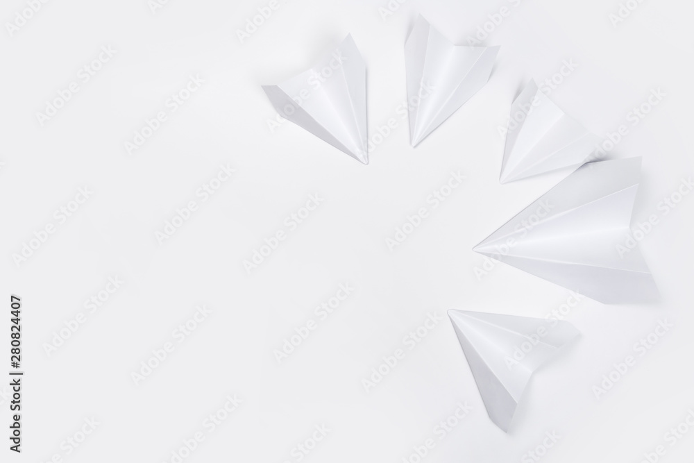 Fototapeta premium Travel plane concept.Mockup design of travel concept with group airplane on white background with space for copy space