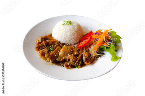 chicken teriyaki with rice on white dish ,isolate background,Clipping path.