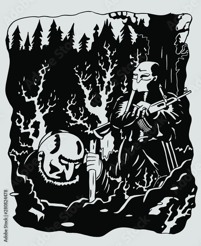 episode in the forest. thug with a gun, the victim is digging his grave. stylized comic vector illustration