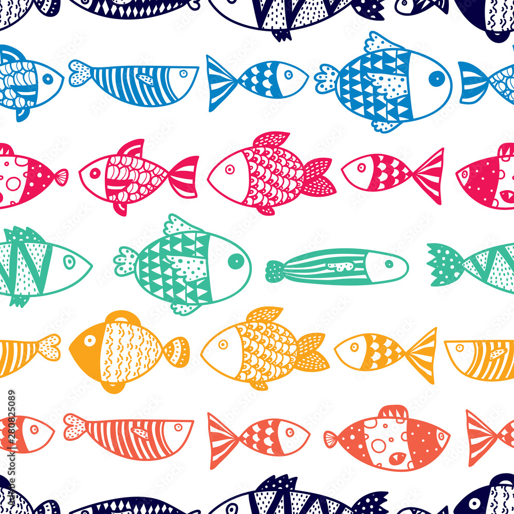 Cute fish.  Kids line background. Seamless pattern. Can be used in textile industry, paper, background, scrapbooking.