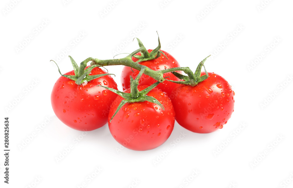Branch of fresh cherry tomatoes isolated on white Branch of fresh cherry tomatoes isolated on white