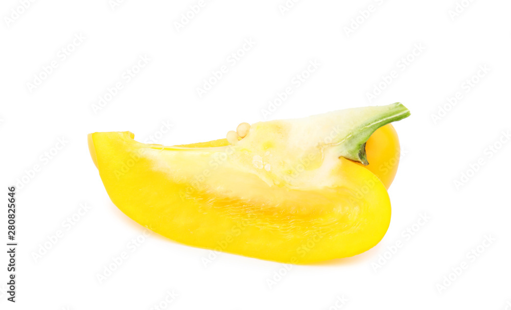 Cut yellow bell pepper with seeds isolated on white Cut yellow bell pepper with seeds isolated on white