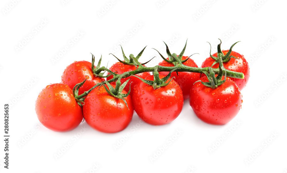 Branch of fresh cherry tomatoes isolated on white Branch of fresh cherry tomatoes isolated on white