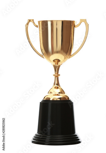 Shiny gold cup on white background. Winner's trophy