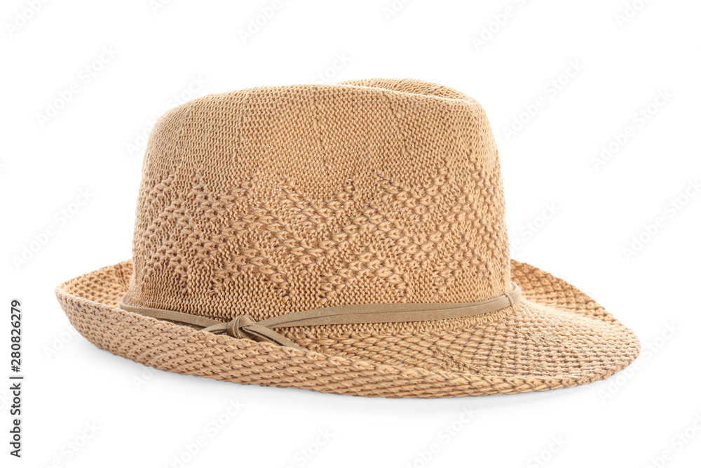 Stylish summer hat on white background. Beach accessory Stylish summer hat on white background. Beach accessory