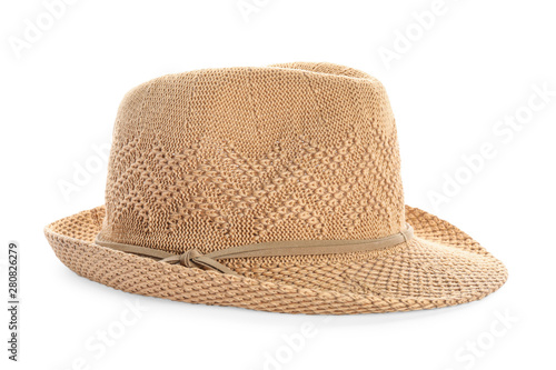 Stylish summer hat on white background. Beach accessory