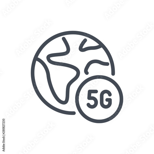 Globe with 5G connection line icon. Vector outline sign.