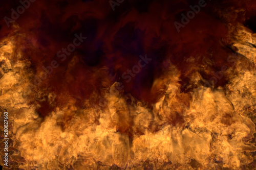 Flames from both the corners and bottom - fire 3D illustration of burning lava, half frame with scary dark smoke isolated on black background