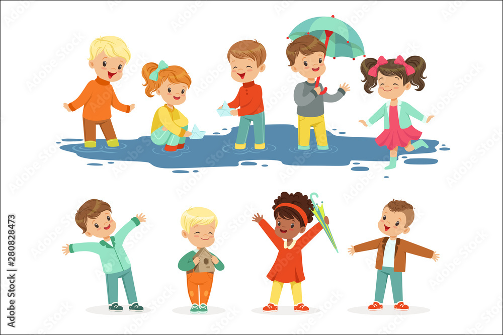 Cute smiling little kids playing on puddles, set for label design. Active leisure for children. Cartoon detailed colorful Illustrations Cute smiling little kids playing on puddles, set for label design. Active leisure for children. Cartoon detailed colorful Illustrations