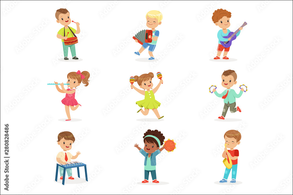 Cute children dancing and playing musical instruments, set for label design. Cartoon detailed colorful Illustrations