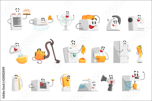 Smiling household appliances set for label design. Colorful detailed vector Illustrations