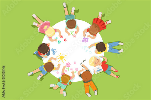 Lying little children painting on a big round paper. Cartoon detailed colorful Illustration