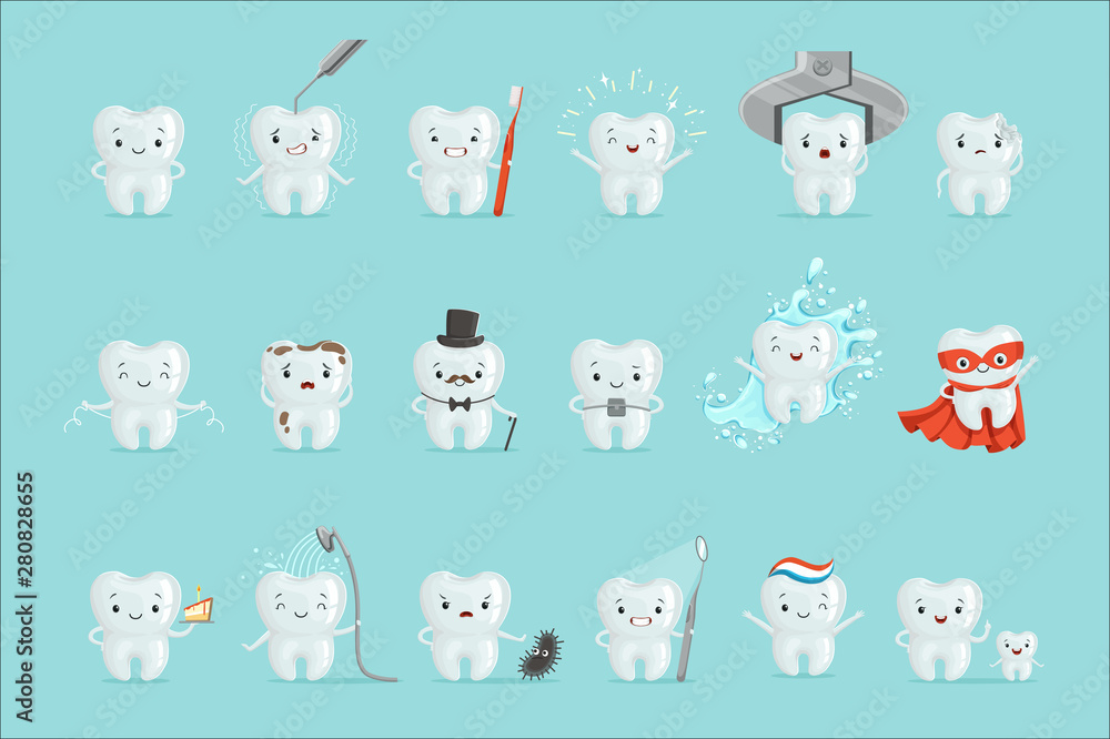 Cute teeth with different emotions set for label design. Cartoon detailed Illustrations - obrazy, fototapety, plakaty 