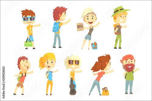 Hitch hike traveler person, set for label design. Cartoon detailed colorful Illustrations