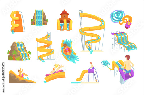 People having fun playing water slides, set for label design. Cartoon detailed Illustrations