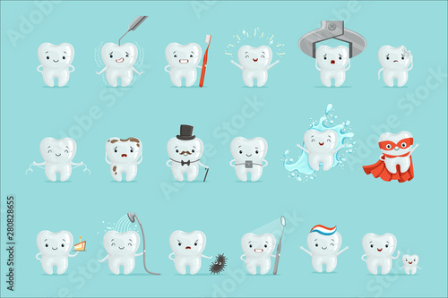 Valokuva Cute teeth with different emotions set for label design