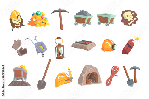 Gold mining, set for label design. Mining equipment, wild west. Colorful cartoon detailed vector Illustrations
