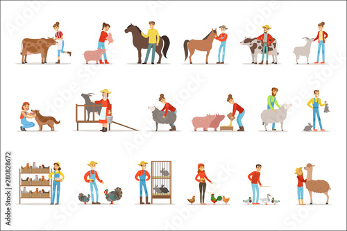Breeding animals farmland. Farm profession worker people breeding livestock. Set of colorful cartoon detailed vector Illustrations