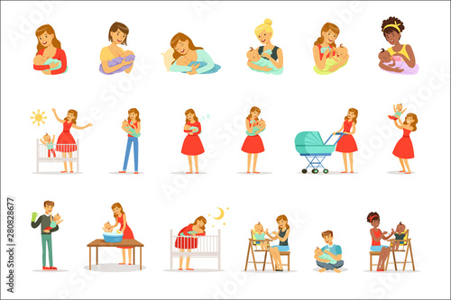 Mom and ad take care of their children set for label design. Colorful cartoon characters © topvectors