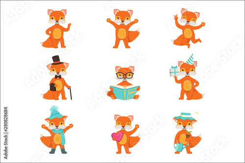 Cute little fox cartoon characters set for label design. Colorful detailed vector Illustrations