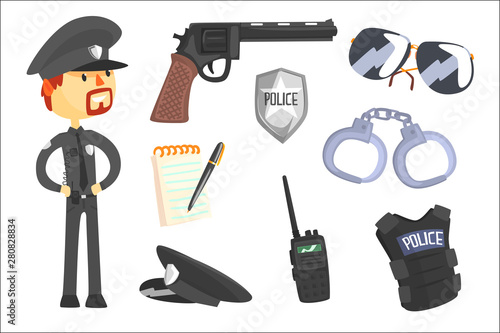 Professional Policeman And His Tools, Man And His Profession Attributes Set Of Isolated Cartoon Objects