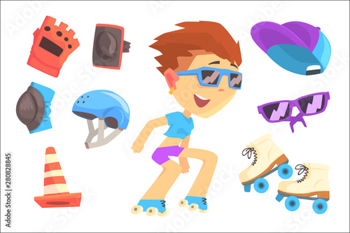 Roller skating boy, set for label design. Colorful cartoon detailed Illustrations