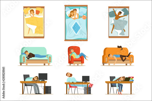 People Sleeping In Different Positions At Home And At Work, Tired Characters Getting To Sleep Set Of Illustrations