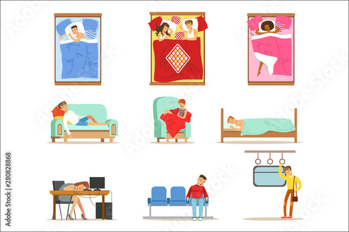 People Sleeping In Different Positions At Home And At Work, Tired Characters Getting To Sleep Series Of Illustrations