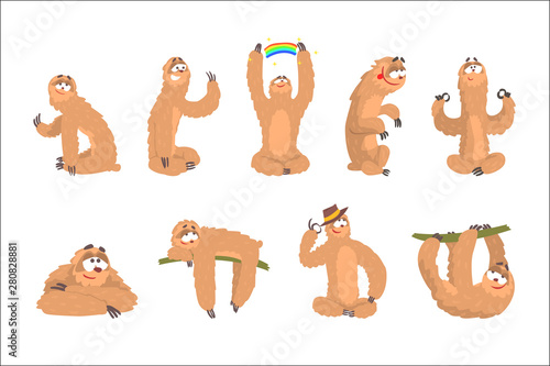 Sloth Animal Cute Cartoon Character Different Life Situations And Emotions Series Of Flat Cartoon Stickers