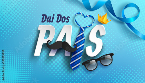Happy Father's Day card in portuguese words with necktie and glasses for dad on blue.Promotion and shopping template for Father's Day.Vector illustration EPS10