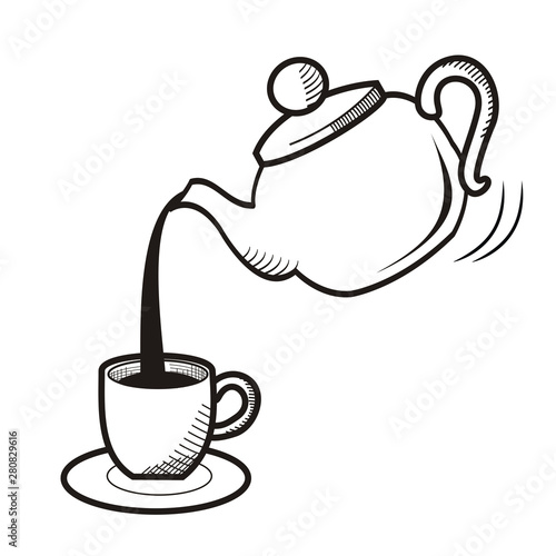 teapot pouring tea into a cup hand drawn sketc