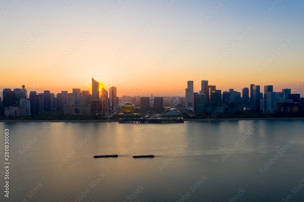 hangzhou cityscape at sunset