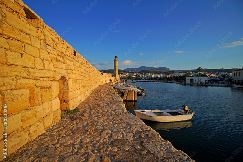 Rethymno, Greece, September 30 2018 View of the port of Rethymno and its lighthouse called Latarnia Morska