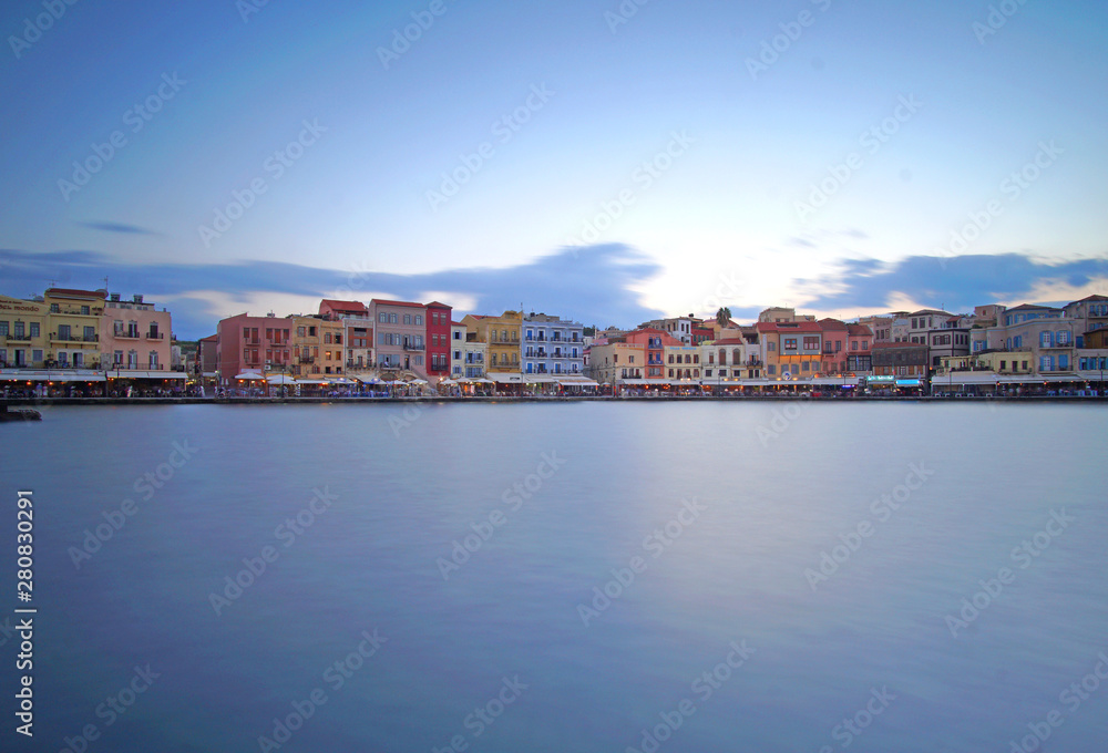 Cret October 01 2018 Panoramic view at evening of the historic city center from the inland sea at the port
