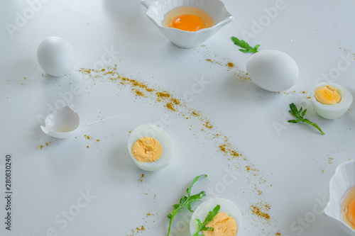 Fototapeta Naklejka Na Ścianę i Meble -  Eggs background. Healthy eating concept, energy ingredients.