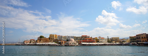 Crete, October 01 2018 Panoramic view of the historic city center from the inland sea at the port