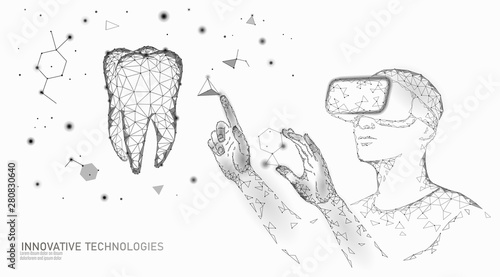 3d tooth innovation virtual reality polygonal concept. Stomatology symbol low poly triangle. Abstract oral dental medical care business. Connected dot particle modern vector illustration