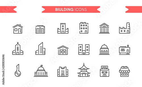 Buildings icons set isolated. Line art. Editable. Signs and symbols. Modern simple style. Shop, factory, market, bank, university, skyscrapers, key, garage, church. Flat style vector illustration.