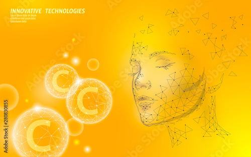 Healthy skin vitamin complex low poly sphere bubble. Health supplement female face anti-aging beauty cosmetics banner template. 3D C pill medicine science vector illustration