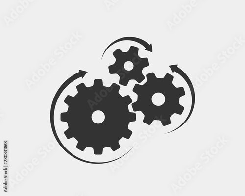 Metal gears and cogs vector. Gear icon flat design. Mechanism wheels logo. Cogwheel concept template.